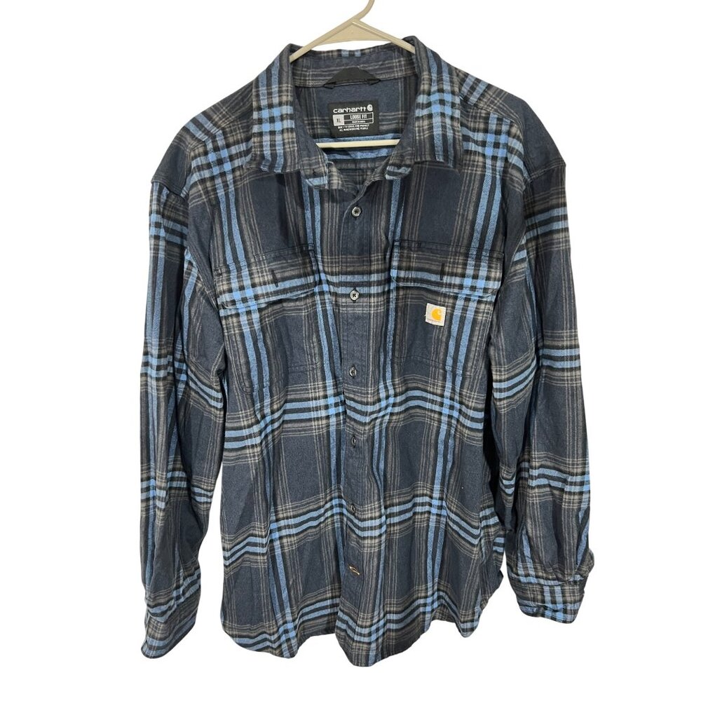 Carhartt Mens XL Blue Plaid Button-Up Shirt 100% Cotton Long Sleeve Casual Workw